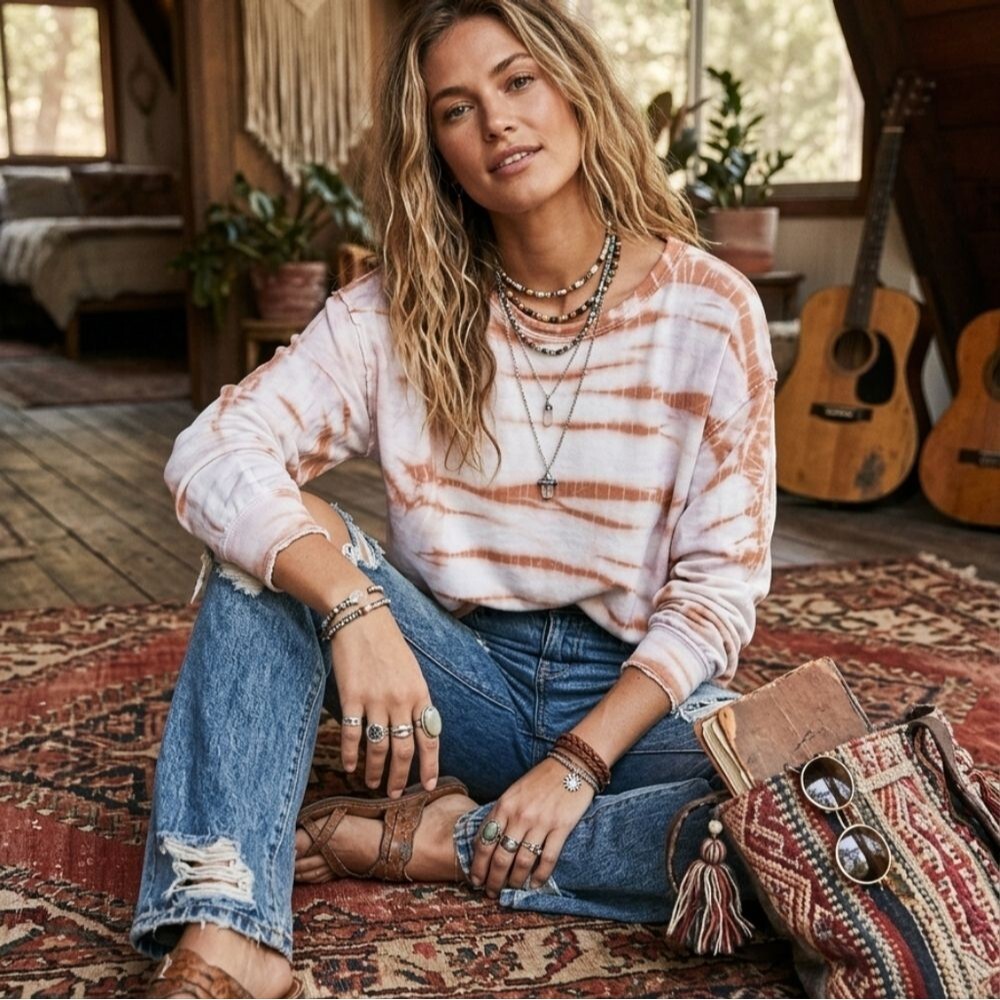 Knox Rose Tie-Dye Long Sleeve Top in White, Pink and Rust